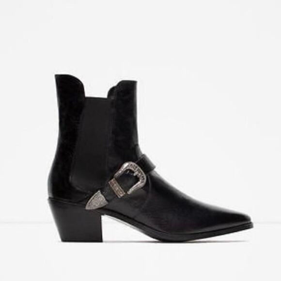Zara Basic Black Leather Buckled Western Ankle Boots Women’s Size 9 - Picture 3 of 11